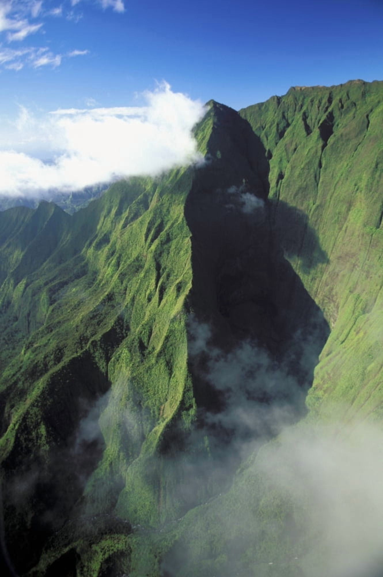 Hawaii Kauai Emerald Green Mt Waialeale With Clouds Fog And Deep Ridge Shadows Canvas Art - Dana Edmunds Design Pics (22 x 34)