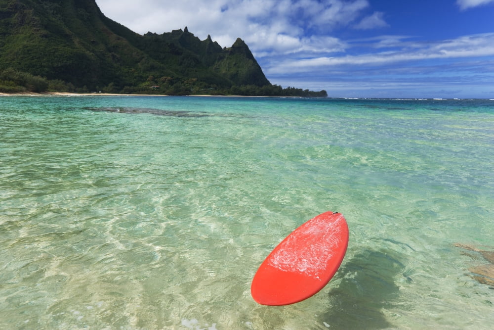 Hawaii Kauai Haena Beach Tunnels Beach Red Surfboard Floating In Shallow Ocean Canvas Art - M Swiet Productions Design Pics (18 x 12)