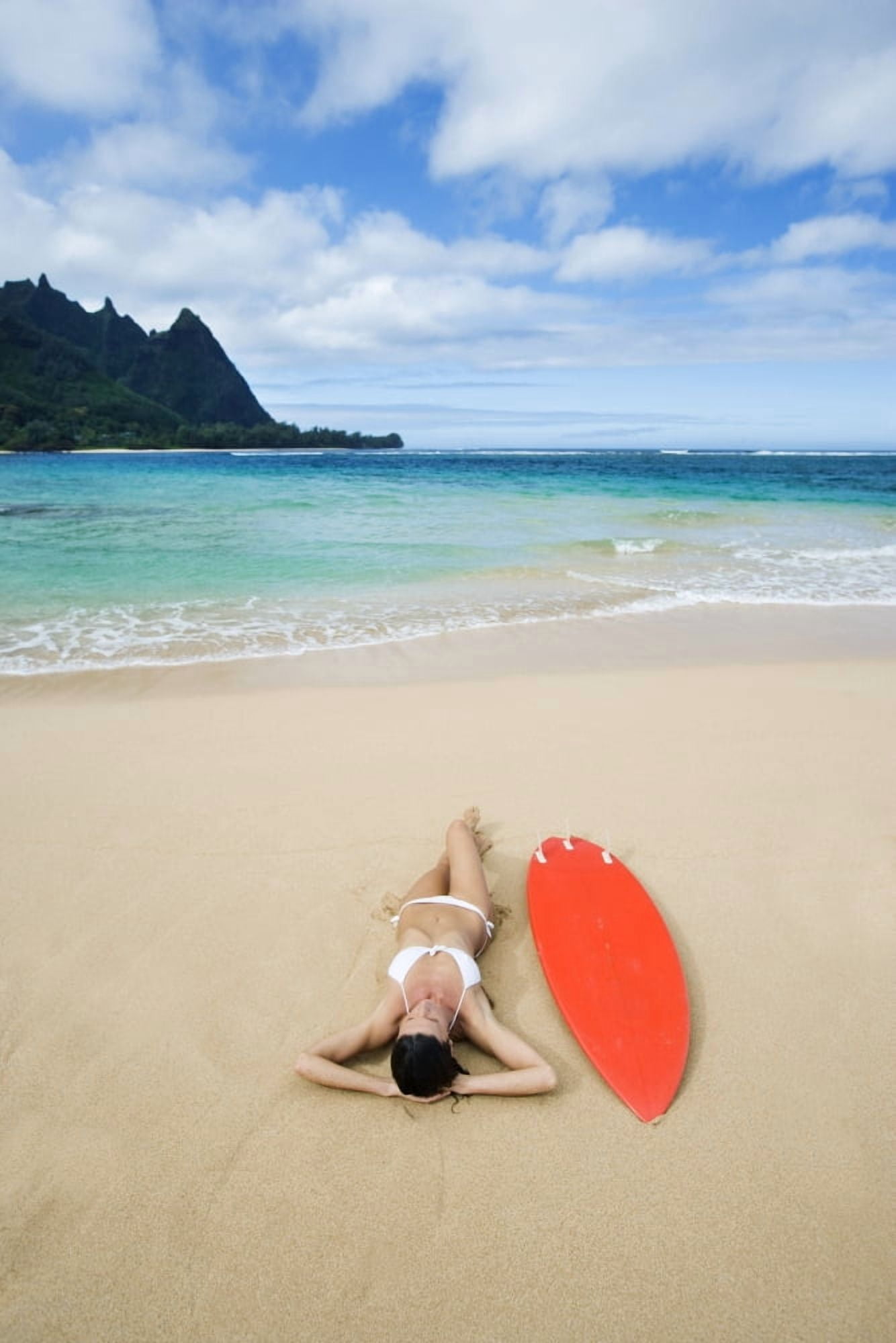 Hawaii Kauai Haena Beach Tunnels Beach Woman Laying On Beach With Surfboard Canvas Art - M Swiet Productions Design Pics (12 x 18)