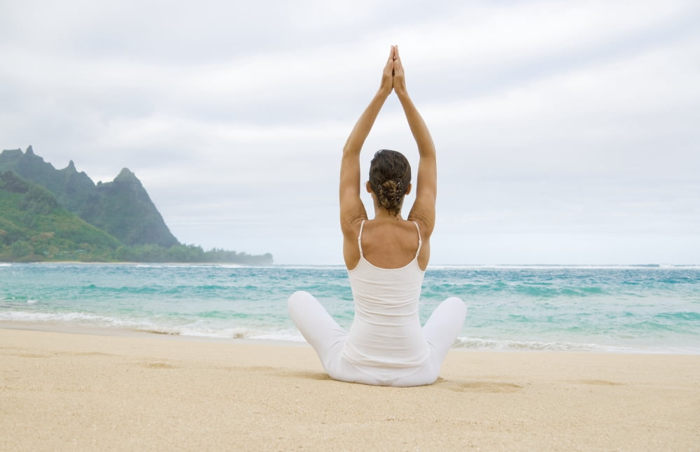 Hawaii Kauai Haena Beach Tunnels Beach Woman Meditating On Sandy Shore Canvas Art - M Swiet Productions Design Pics (17 x 11)
