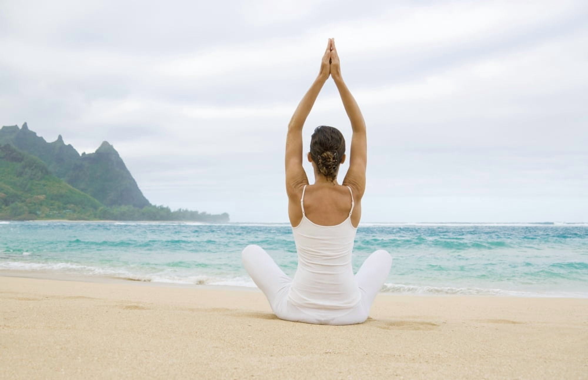 Hawaii Kauai Haena Beach Tunnels Beach Woman Meditating On Sandy Shore Canvas Art - M Swiet Productions Design Pics (34 x 22)