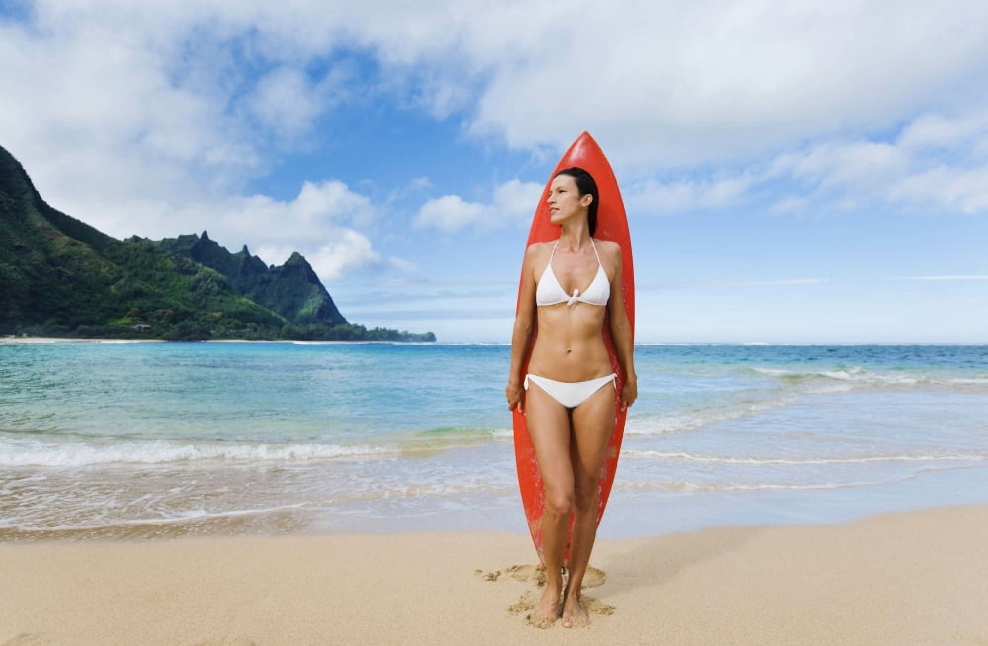 Hawaii Kauai Haena Beach Tunnels Beach Woman Standing On Beach With Surfboard Canvas Art - M Swiet Productions Design Pics (18 x 11)