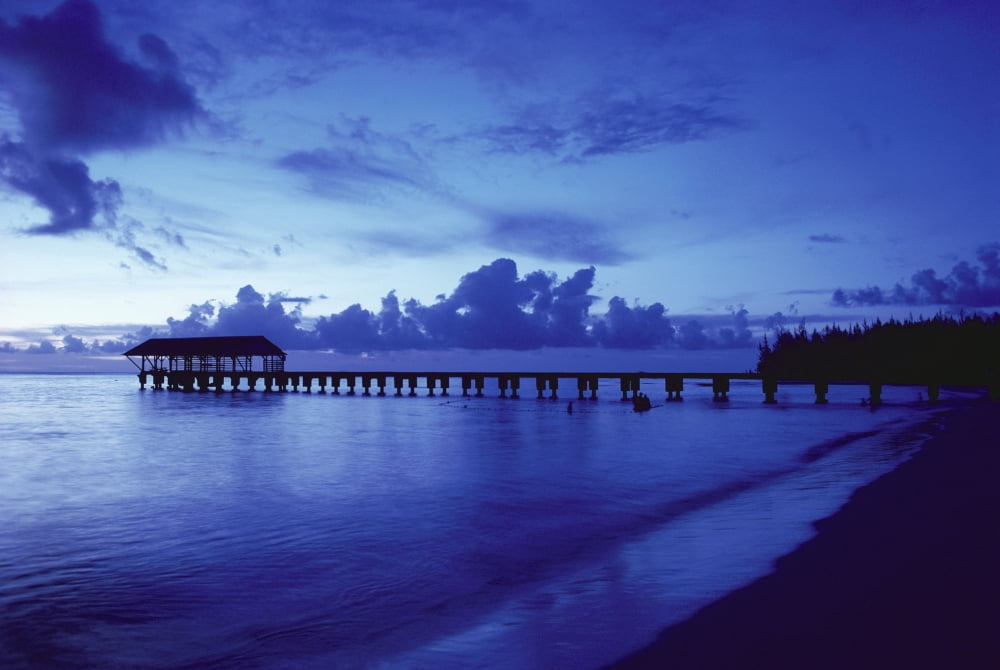 Hawaii Kauai Hanalei Bay Pier At Twilight Deep Blue Sky And Ocean Canvas Art - Robert Sablan  Design Pics (19 x 12)