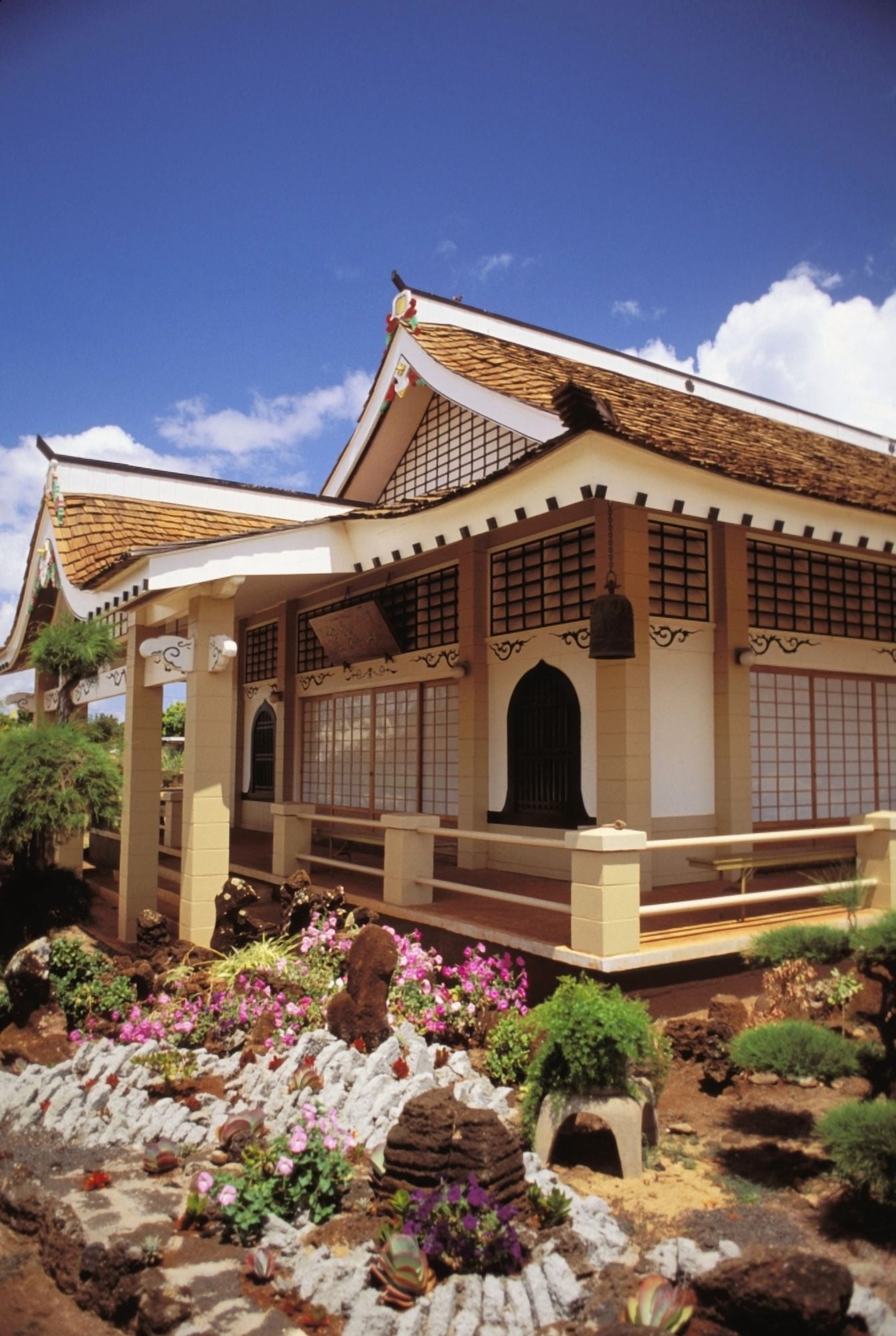 Hawaii Kauai Hanapepe Soto Zen Temple Zensuji Exterior With Flower Garden Canvas Art - Peter French Design Pics (22 x 34)