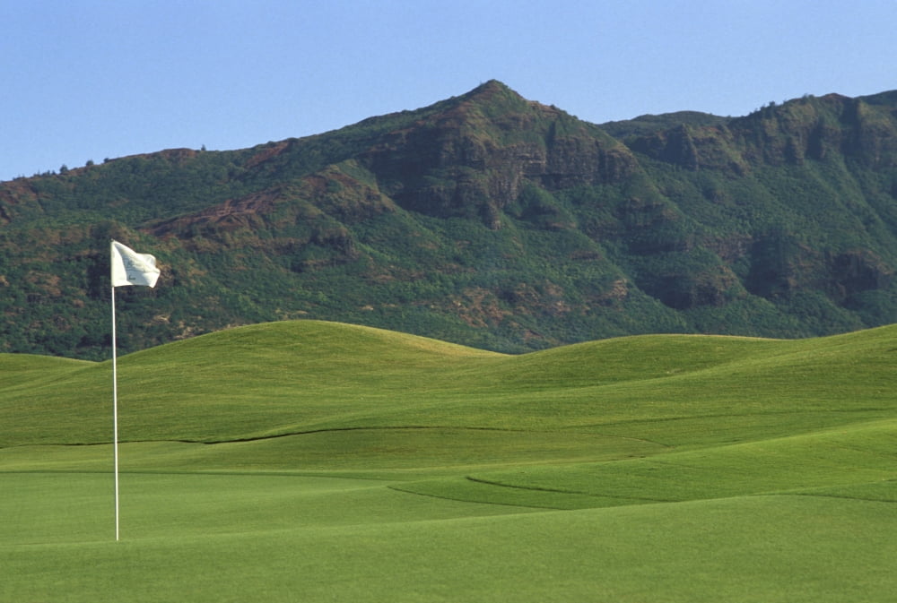 Hawaii Kauai Kauai Marriott Golf Course Rolling Hills With Mountains In Background White Flag Canvas Art - Robert Sablan Design Pics (17 x 11)