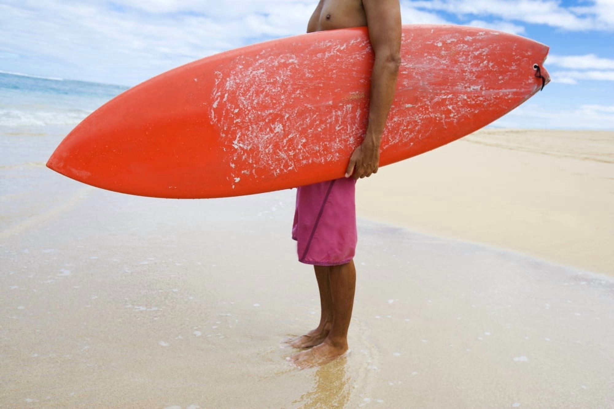 Hawaii Kauai Man Holding Surfboard On Beach View From Side Canvas Art - M Swiet Productions Design Pics (18 x 12)