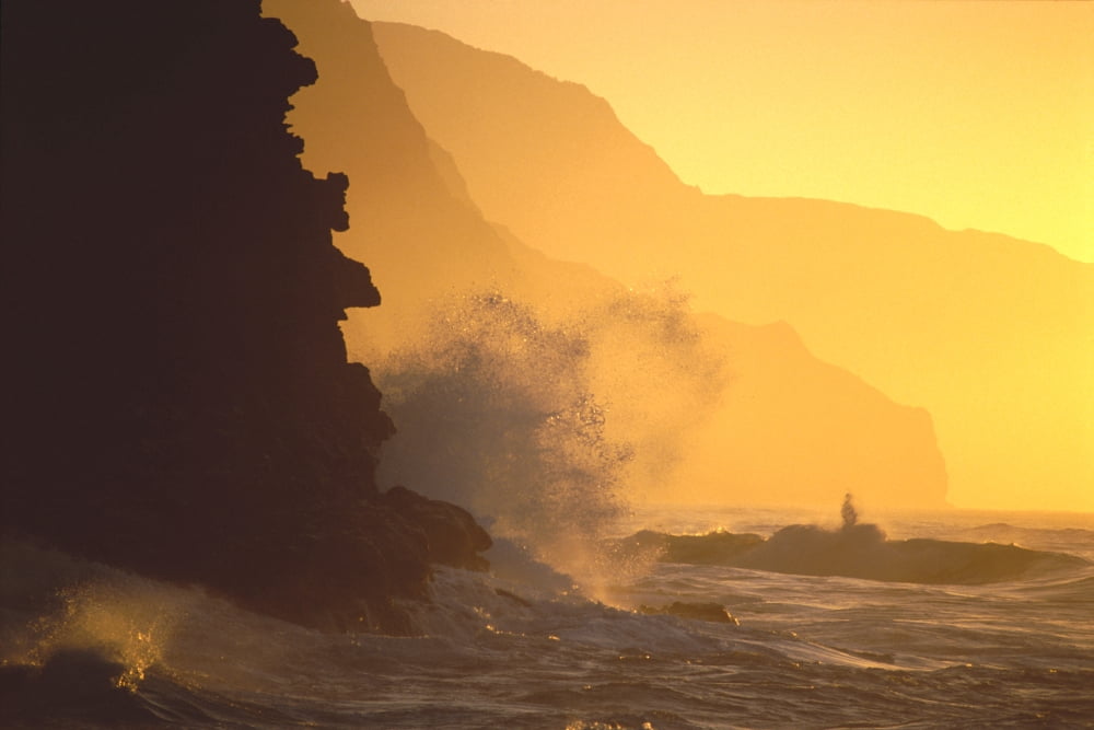 Hawaii Kauai Na Pali Coast At Sunset From Haena Crashing Waves Against Rocks Misty Yellow Sky Canvas Art - Allan Seiden Design Pics (38 x 24)