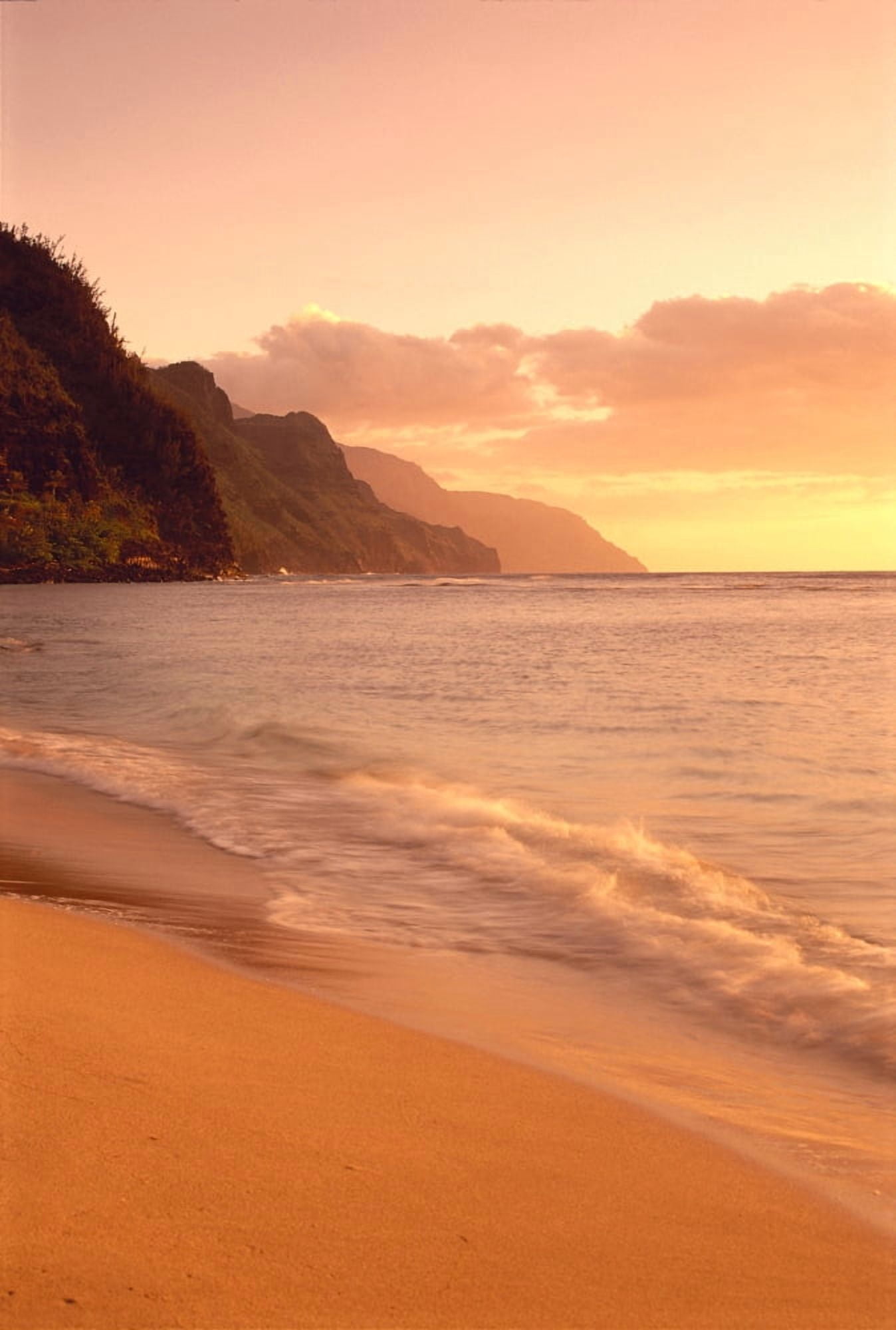 Hawaii Kauai Na Pali Coast At Sunset From Kee Beach Golden Skies And Sand C1533 Canvas Art - Greg Vaughn Design Pics (12 x 19)