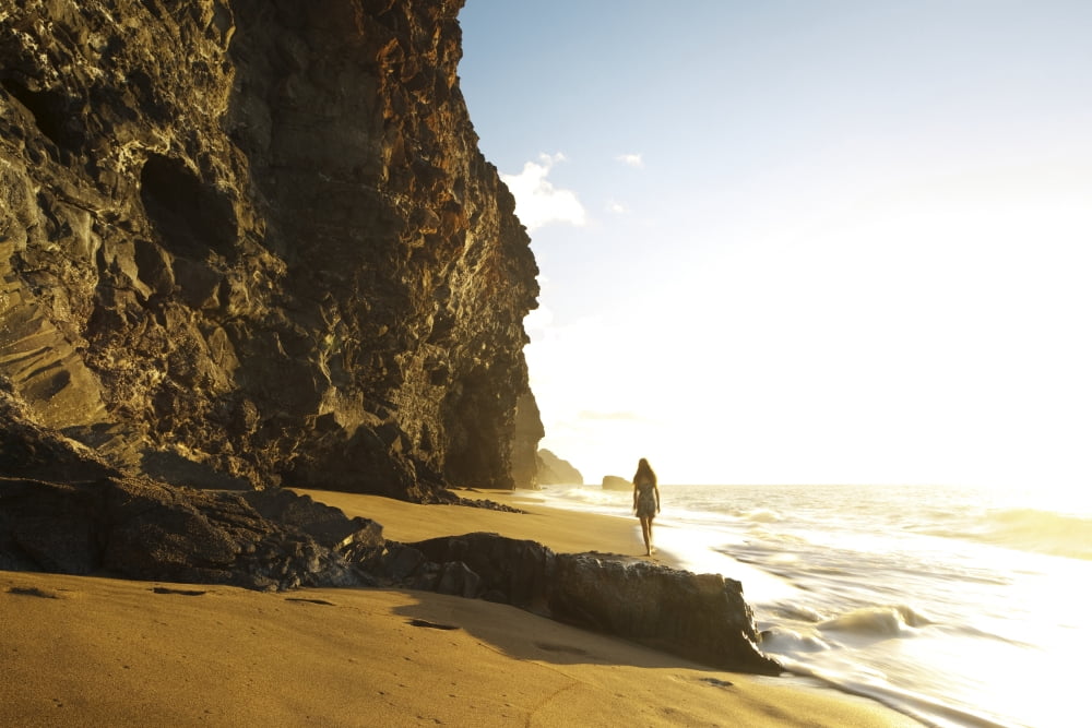 Hawaii Kauai Na Pali Coast Evening Light Over Kalalau Beach Woman Walking Along Shoreline Canvas Art - MakenaStockMedia Design Pics (17 x 11)