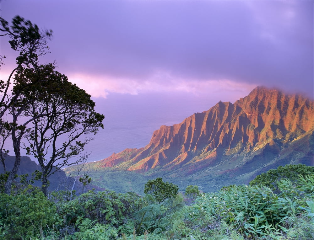 Hawaii Kauai Na Pali Coast Kalalau Valley Kaaalahina Ridge Purple Sky B1535 Canvas Art - Greg Vaughn Design Pics (34 x 26)