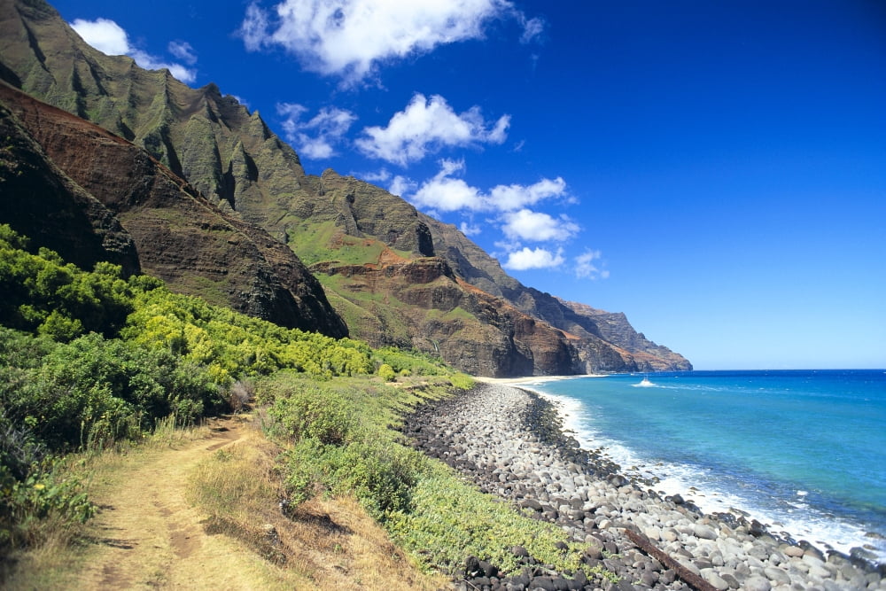 Hawaii Kauai Na Pali Coast Scenic Coastline Beach Boat In Ocean Blue Skies C1541 Canvas Art - Peter French Design Pics (38 x 24)