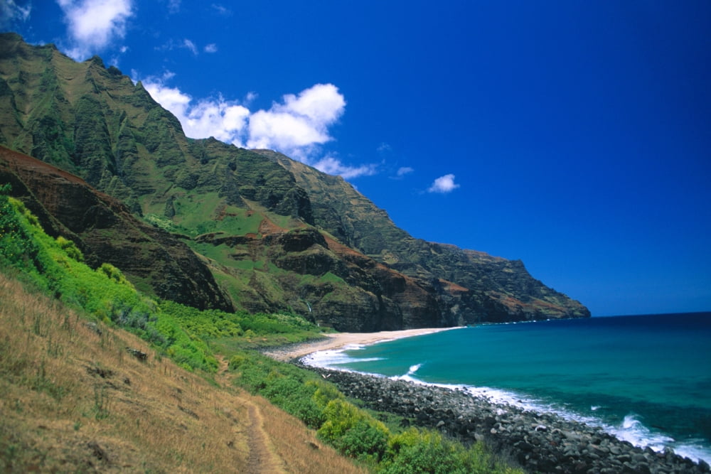 Hawaii Kauai Na Pali Coast Trail Ending At Kalalau Beach Blue Skies Canvas Art - Himani Smeaton Design Pics (34 x 22)