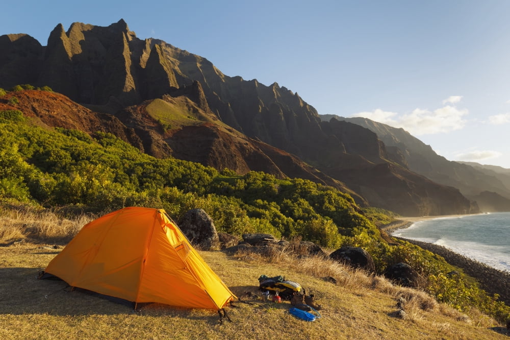 Hawaii Kauai Na Pali Coast View of the Kalalau Mountains Campsite and tent Canvas Art - MakenaStockMedia Design Pics (19 x 12)