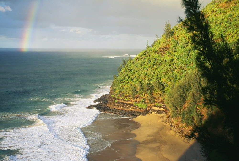 Hawaii Kauai Napali Coast Hanakapiai Beach Rainbow In Distance Canvas Art - Peter French Design Pics (18 x 12)