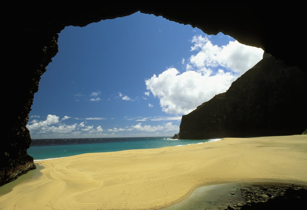 Hawaii Kauai Napali Coast Honopu Beach Secluded Beach Seen Through Rock Arch Canvas Art - Peter French Design Pics (34 x 22)