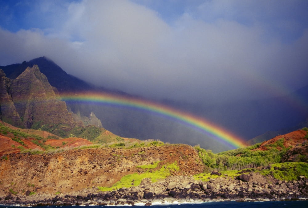 Hawaii Kauai Napali Coast Rainbow Over The Coastline Canvas Art - Rita Ariyoshi Design Pics (38 x 24)