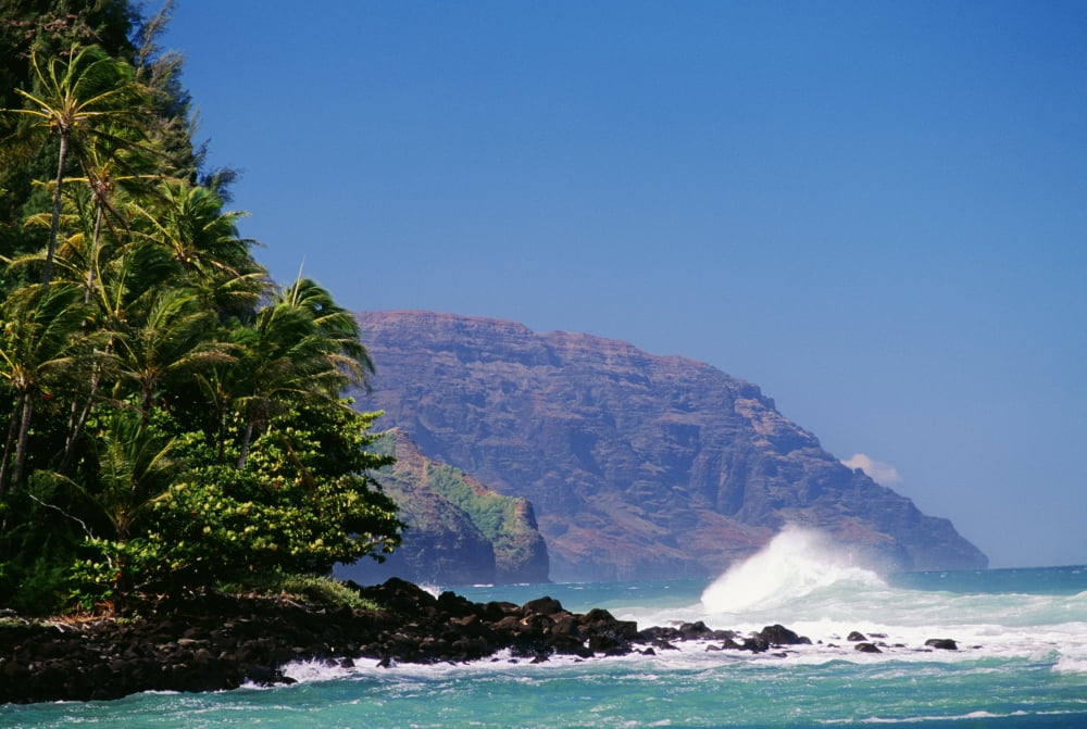 Hawaii Kauai Napali Coast Storm Surf Pounding Along Shoreline Blue Skies Canvas Art - Greg Vaughn Design Pics (38 x 24)