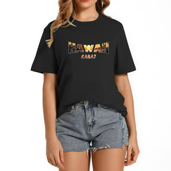Hawaii Kauai Retro Palm Trees Beach Sunset Tropical Women's Casual Graphic Tee - Vintage Style Short Sleeve T-Shirt for Parties Birthdays and Holidays Black