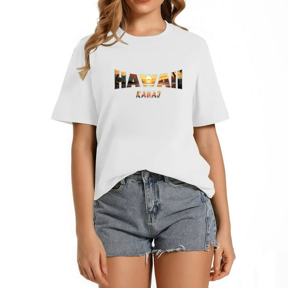 Hawaii Kauai Retro Palm Trees Beach Sunset Tropical Women's Casual Graphic Tee - Vintage Style Short Sleeve T-Shirt for Parties Birthdays and Holidays White