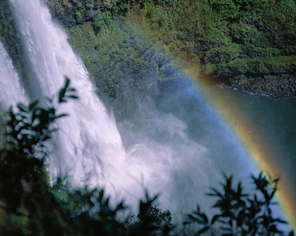 Hawaii Kauai View Looking Down Wailua Falls With Rainbow Arching Across Into Water Canvas Art - Peter French Design Pics (17 x 13)