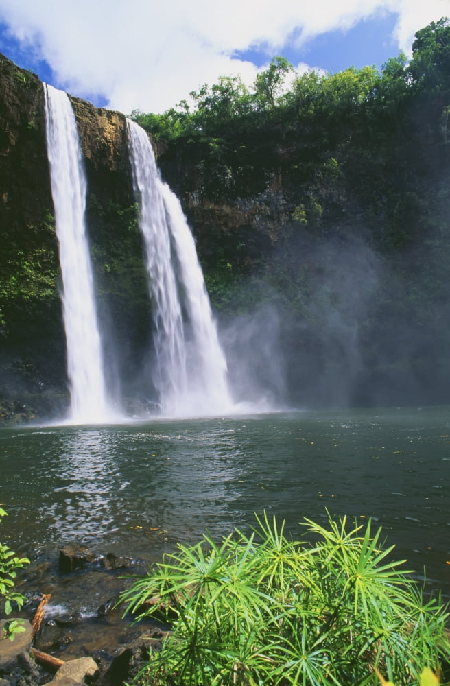 Hawaii Kauai Wailua State Park Three Waterfalls Empty Into Same Pool Canvas Art - Peter French Design Pics (12 x 19)