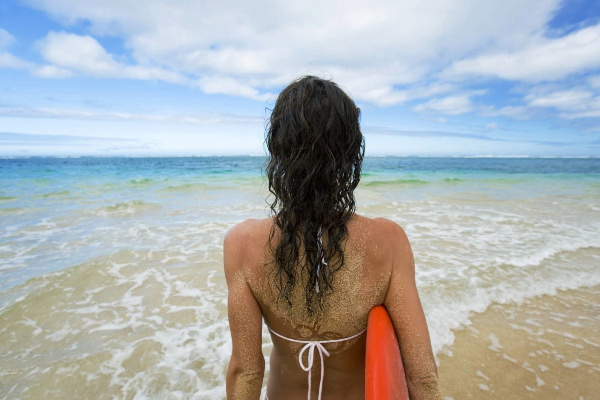 Hawaii Kauai Woman Holding Surfboard On Beach View From Behind Canvas Art - M Swiet Productions Design Pics (36 x 24)