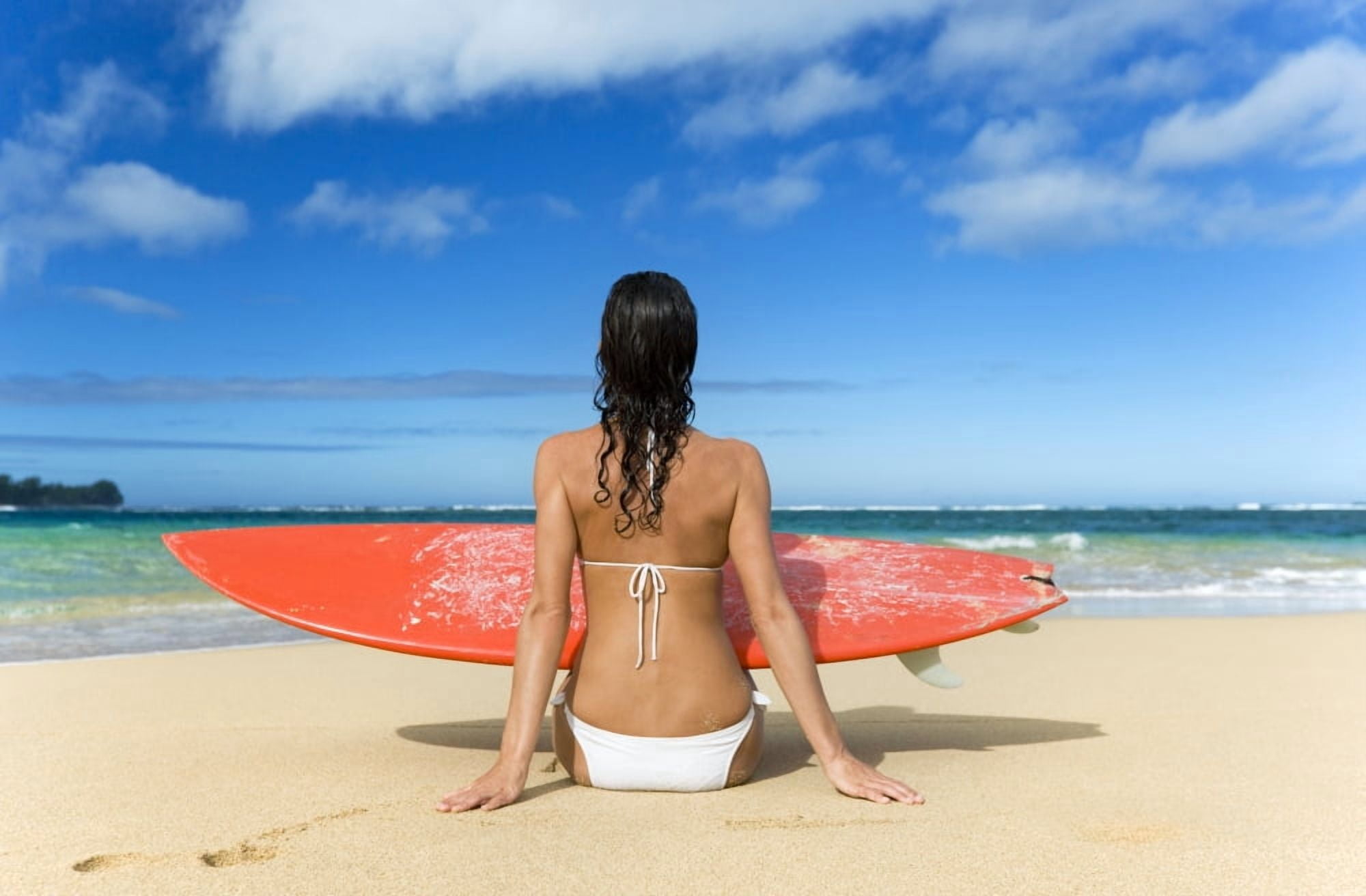 Hawaii Kauai Woman Sitting On Beach With Surfboard View From Behind Canvas Art - M Swiet Productions Design Pics (36 x 22)