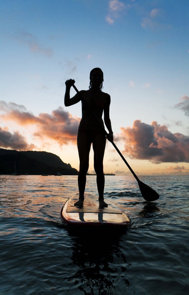 Hawaii Kauai Woman Stand Up Paddling In Ocean Beautiful Sunset Canvas Art - M Swiet Productions Design Pics (12 x 18)