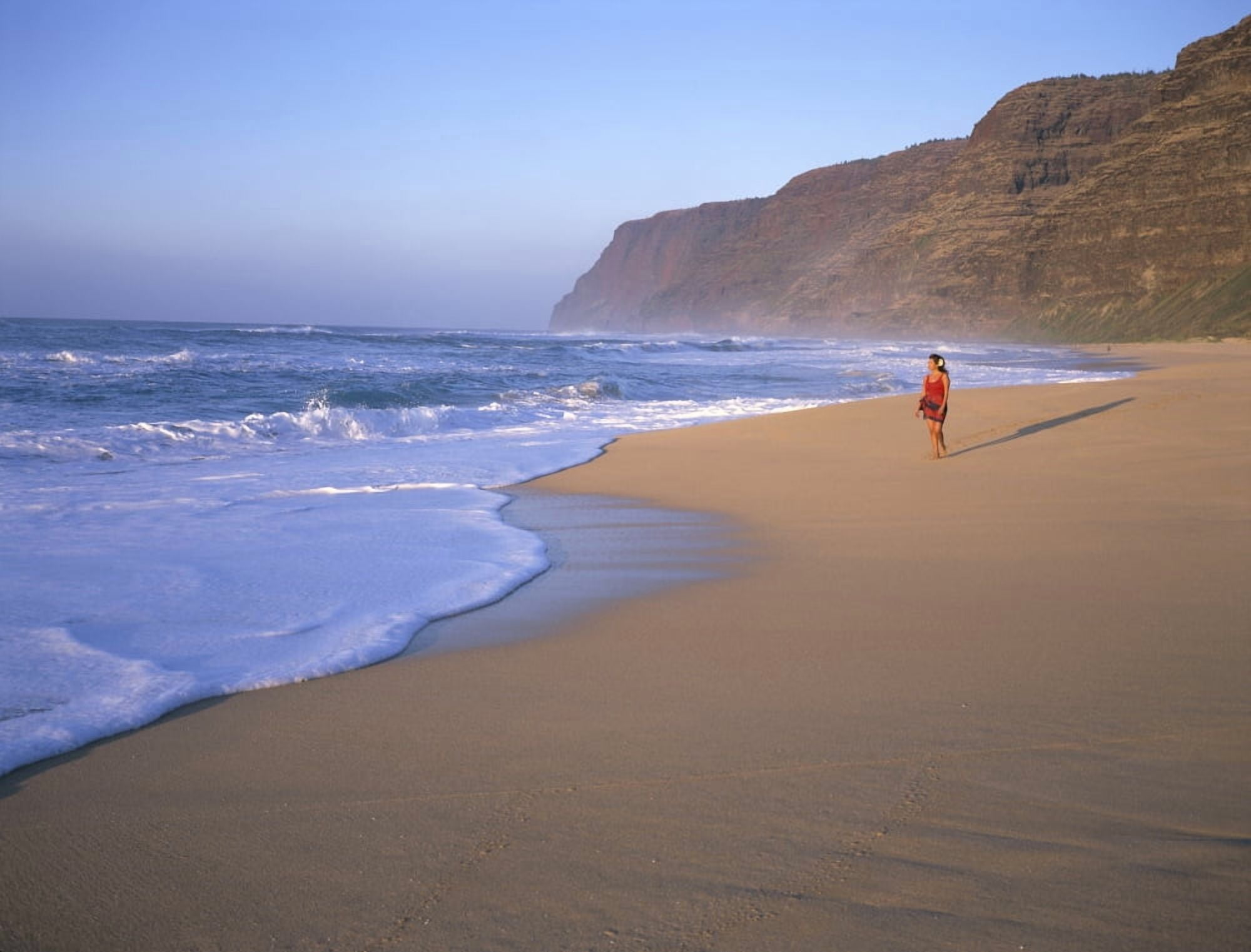 Hawaii Kauai Woman Walking Along Beach Small Mountain Blue Sky And Ocean Canvas Art - Bill Schildge Design Pics (17 x 13)