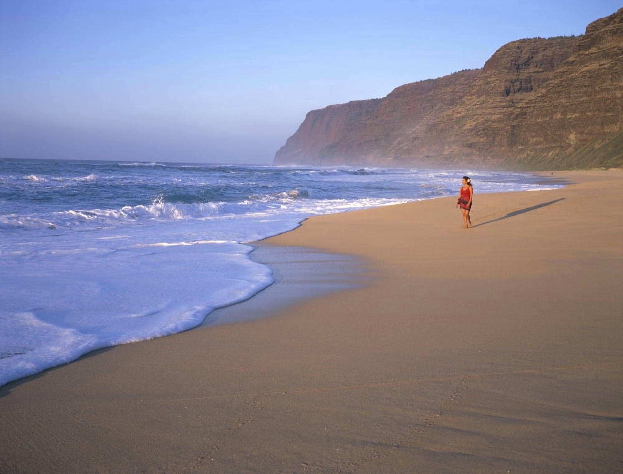 Hawaii Kauai Woman Walking Along Beach Small Mountain Blue Sky And Ocean Canvas Art - Bill Schildge Design Pics (34 x 26)