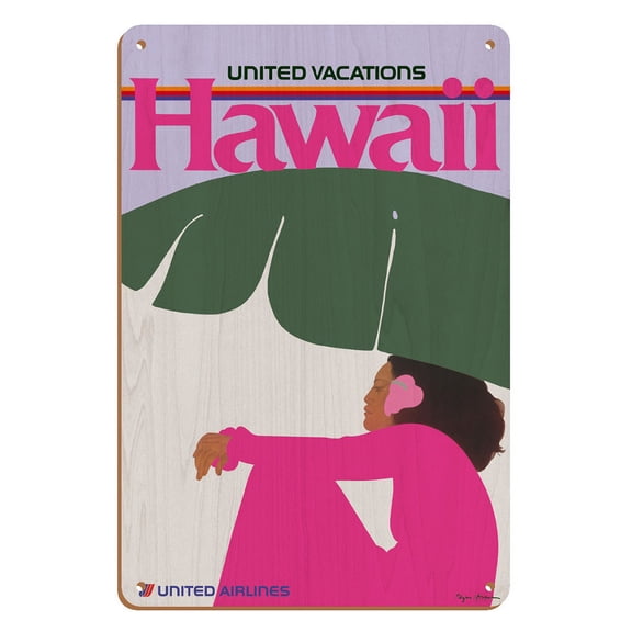 Hawaii - Lady in Pink - United Air Lines - Vintage Airline Travel Poster by Pegge Hopper - 8 x 12 inch Vintage Wood Art Sign
