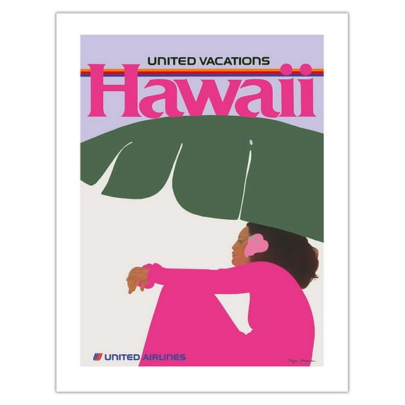 Hawaii - Lady in Pink - United Air Lines - Vintage Airline Travel Poster by Pegge Hopper - Bamboo Fine Art 290gsm Paper (Unframed) 17x22in
