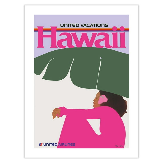 Hawaii - Lady in Pink - United Air Lines - Vintage Airline Travel Poster by Pegge Hopper - Fine Art Matte Paper Print (Unframed) 24x32in