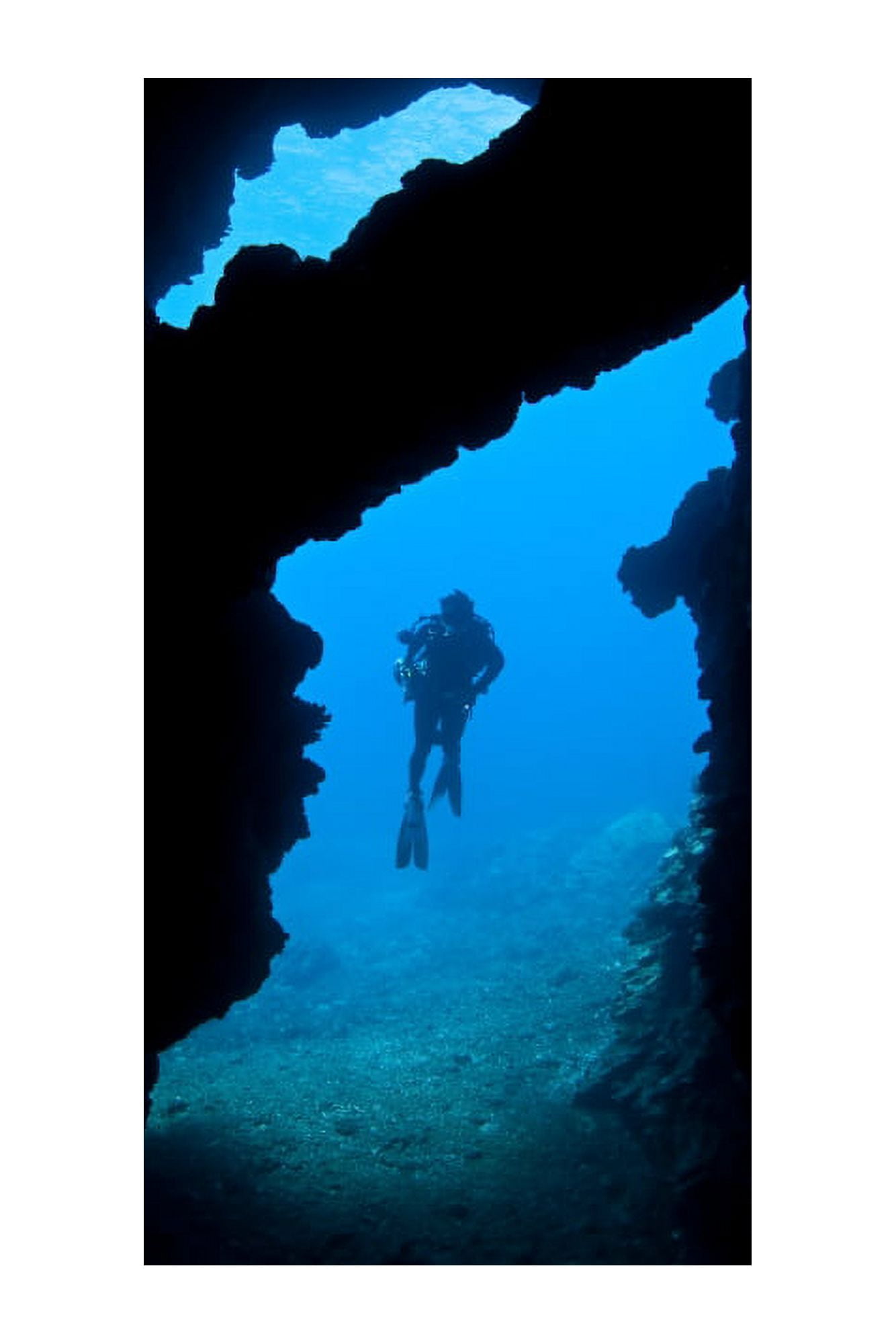 Hawaii Lanai Diver Pictured At The Entrance To First Cathedral Off The Island Canvas Art - Dave Fleetham Design Pics (12 x 18)