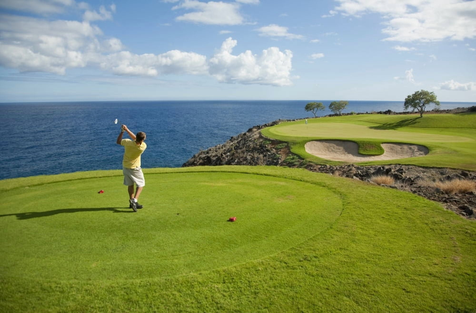 Hawaii Lanai Man Playing Golf At The Challenge At Manele Golf Course Canvas Art - Ron Dahlquist Design Pics (34 x 22)