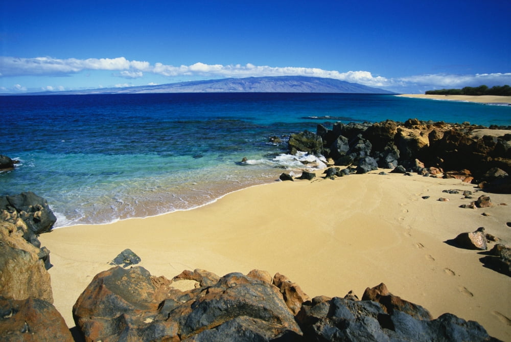 Hawaii Lanai Polihua Beach Footprints In Sand Rocks Around Beach Molokai In Distance Canvas Art - Ron Dahlquist Design Pics (38 x 24)