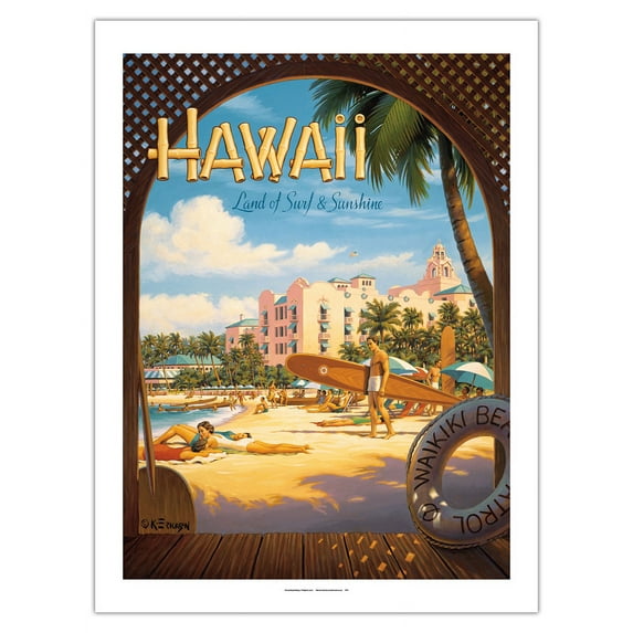 Hawaii Land of Surf & Sunshine - Waikiki Beach - Royal Hawaiian Hotel - Vintage Hawaiian Travel Poster by Kerne Erickson - Fine Art Matte Paper Print (Unframed) 24x32in