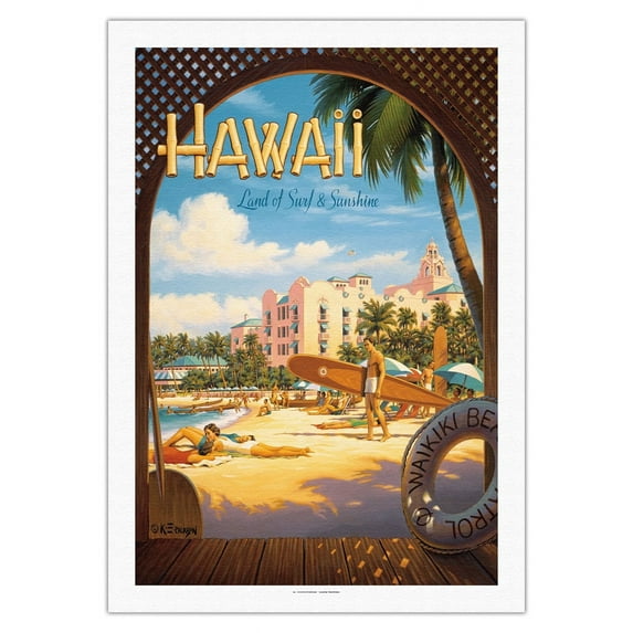 Hawaii Land of Surf & Sunshine - Waikiki Beach - Royal Hawaiian Hotel - Vintage Hawaiian Travel Poster by Kerne Erickson - Fine Art Rolled Canvas Print 27in x 40in