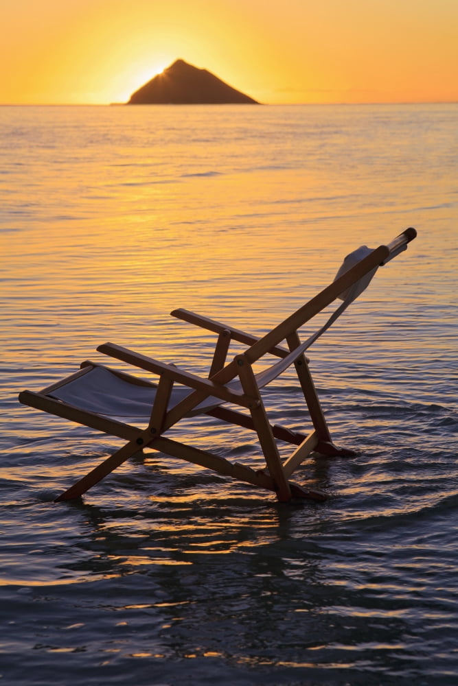 Hawaii Lanikai Empty beach chair at sunset Canvas Art - Tomas del Amo Design Pics (24 x 36)