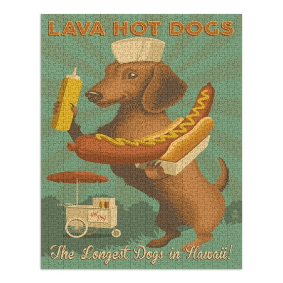 Hawaii, Lava Hot Dogs, Dachshund, Retro Hotdog Ad (1000 Piece Puzzle, Size 19x27, Challenging Jigsaw Puzzle for Adults and Family, Made in USA)