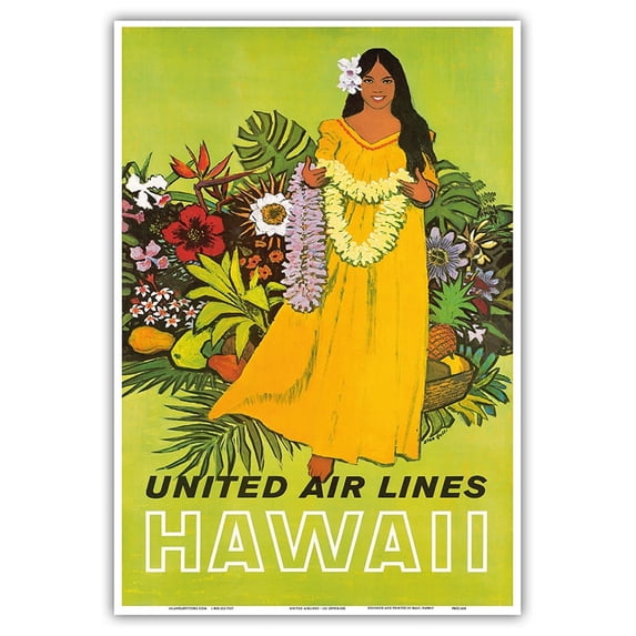 Hawaii - Lei Girl - United Air Lines - Vintage Airline Travel Poster by Stan Galli c.1960s - Master Art Print (Unframed) 13in x 19in