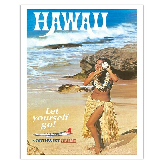 Hawaii Let Yourself Go Hula Girl on the Beach Northwest Orient Airlines - Vintage Airline Travel Poster c.1960s - Fine Art Matte Paper Print (Unframed) 16x20in