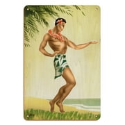 Hawaii Male Hula Dancer - Vintage Hawaiian Airbrush Art by Gill c.1940s - 8 x 12 inch Vintage Wood Art Sign
