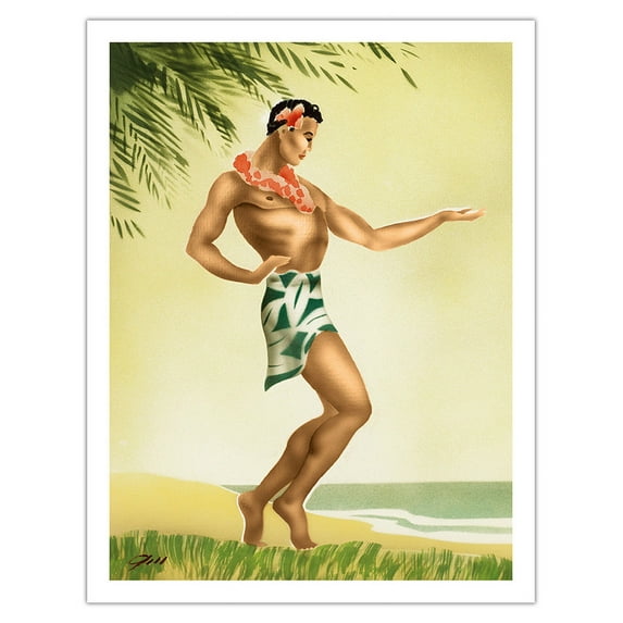Hawaii Male Hula Dancer - Vintage Hawaiian Airbrush Art by Gill c.1940s - Fine Art Matte Paper Print (Unframed) 20x26in