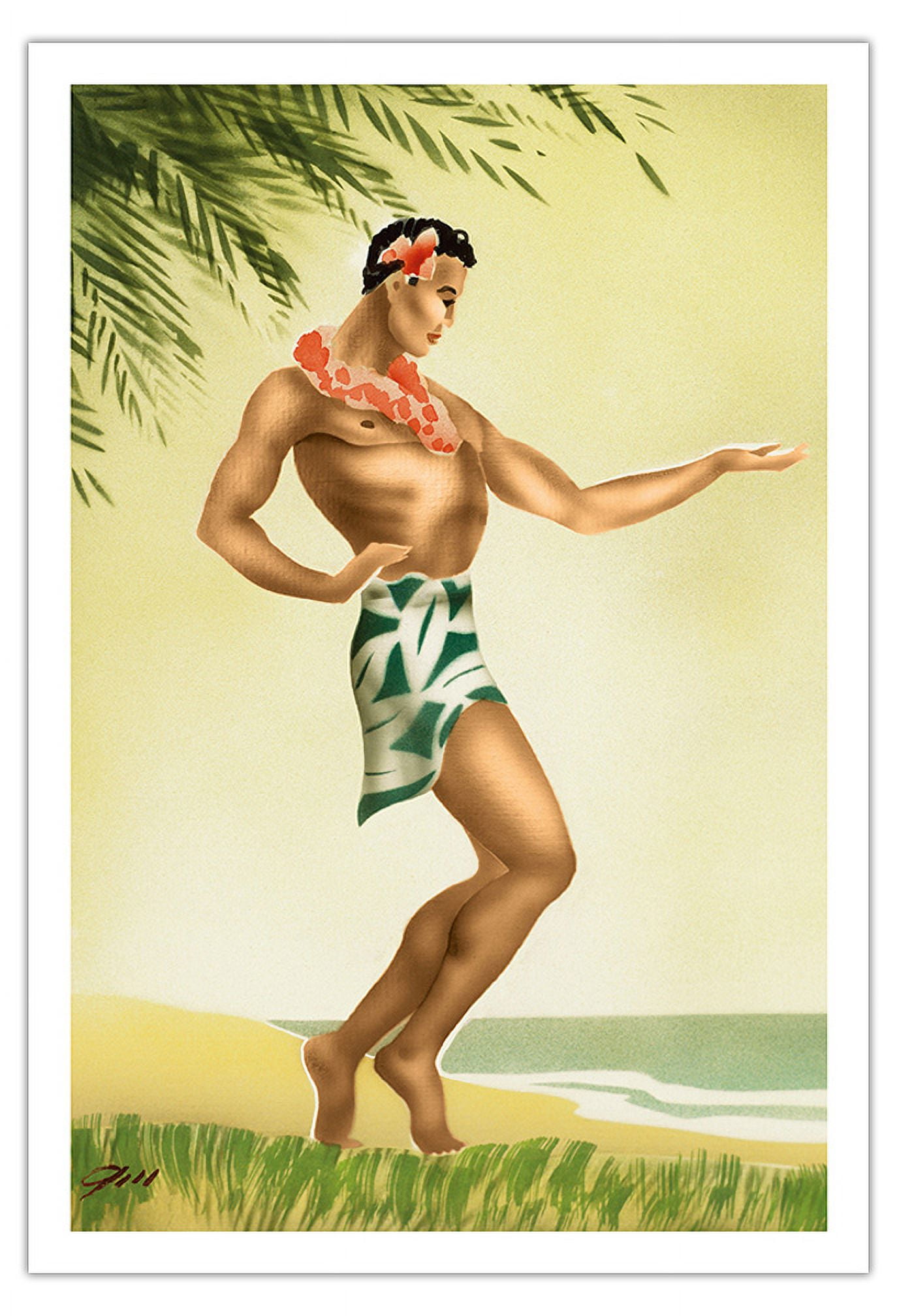 Hawaii Male Hula Dancer - Vintage Hawaiian Airbrush Art by