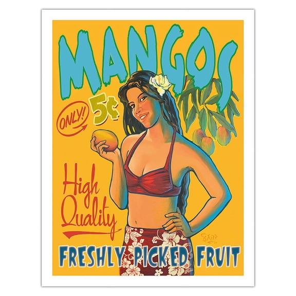 Hawaii Mangos Only 5¢ - Freshly Picked Fruit - Vintage Hawaiian Fruit Stand Sign by Rick Sharp - Fine Art Matte Paper Print (Unframed) 20x26in