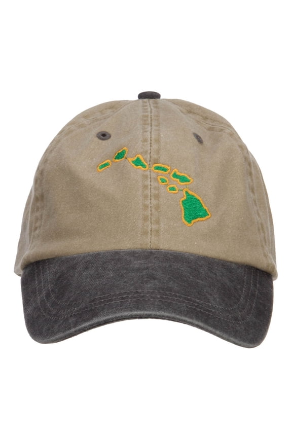 Hawaii Map Embroidered Washed Two Tone Cap - Black Khaki OSFM