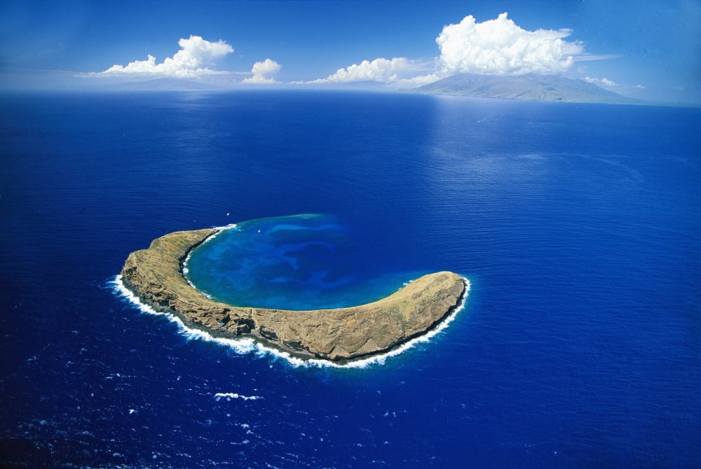 Hawaii Maui Aerial Overview Of Molokini Crater Coral Reef Visible Snorkeling Spot Canvas Art - Ron Dahlquist Design Pics (19 x 12)