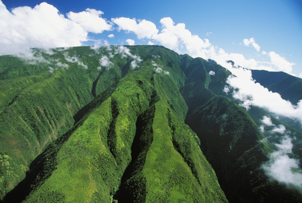 Hawaii Maui Crevices Descending From Puu Kukui Clouds In Sky Canvas Art - Ron Dahlquist Design Pics (34 x 22)