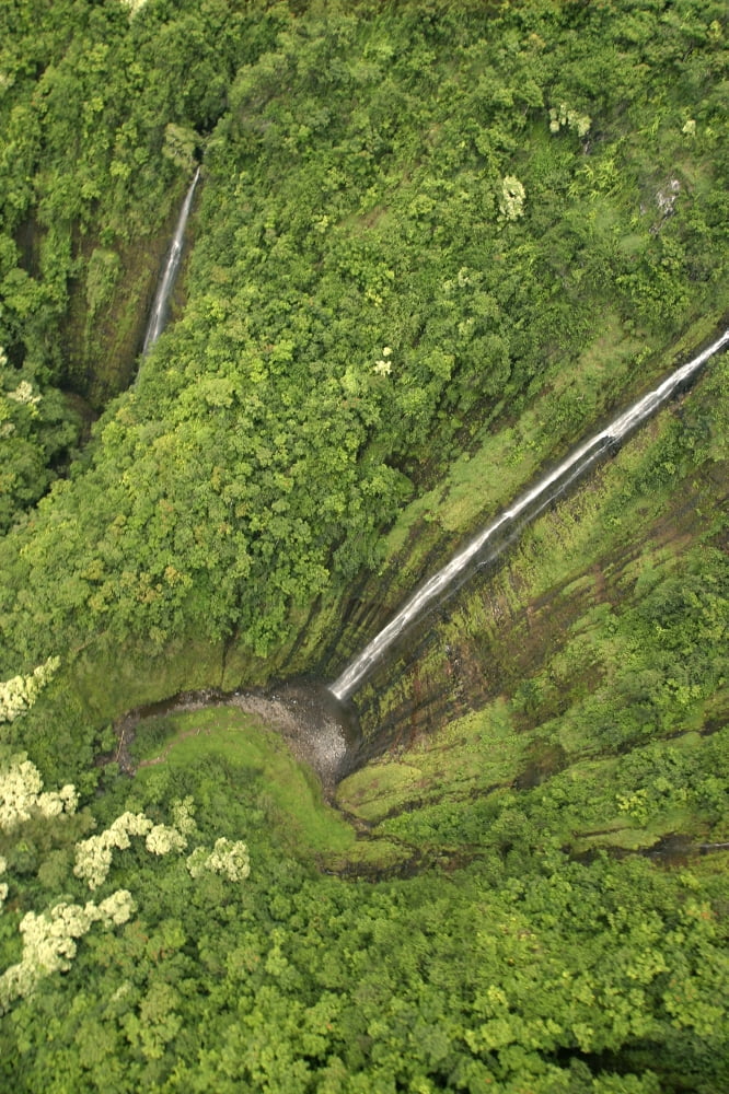Hawaii Maui Hana Coast Waihiumalu Waterfall Two Falls Green And Lush View From Above Canvas Art - Ron Dahlquist Design Pics (12 x 18)
